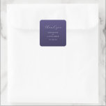 Elegant Purple Thank You Card Quadratischer Aufkleber<br><div class="desc">This elegant wedding sticker features a minimalist design with a deep purple background and light gray cursive script that reads "thank you." The layout is clean, with ample negative space around the text elements, emphasizing clarity and sophistication. Customizable names and dates are presented in a classic serif font, adding a...</div>