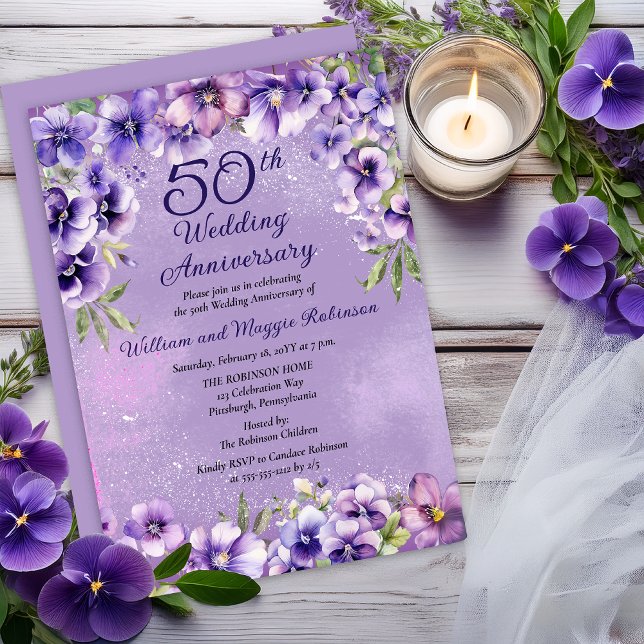 Elegant Purple Violets 50th Wedding Anniversary  Einladung (Elegant Purple Violets 50th Wedding Anniversary Invitation -- Print | Digital Download)