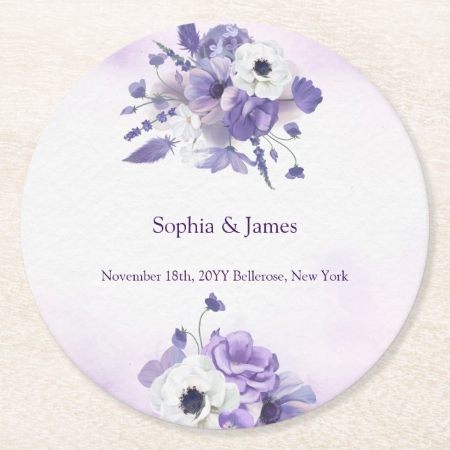 Elegant Purple Watercolor wedding Runder Pappuntersetzer (Vorderseite)