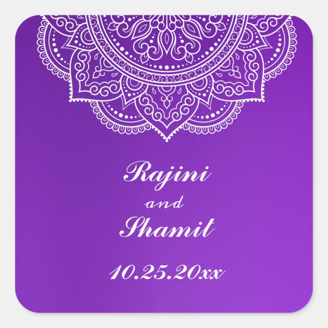 Elegant Purple White Indian Paisley Wedding Quadratischer Aufkleber (Vorderseite)