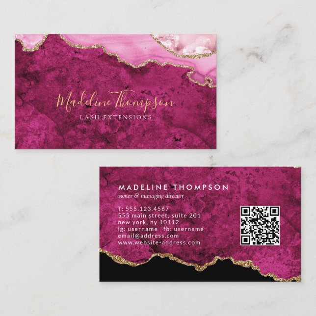 Elegant QR Code Magenta Pink  Marble Agate Geode Visitenkarte (Vorne/Hinten)