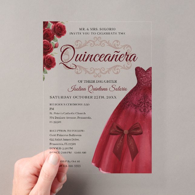 Elegant Quinceanera 15th Birthday Red Burgundy  Acryleinladungen (Insitu (Handheld))