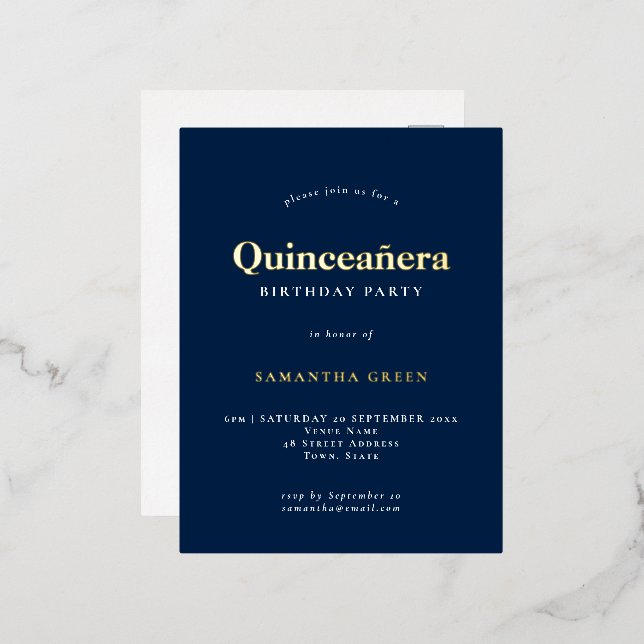 Elegant Quinceañera Birthday Party Navy Blue Glam Folie Einladungspostkarte (Vorderseite/Rückseite)