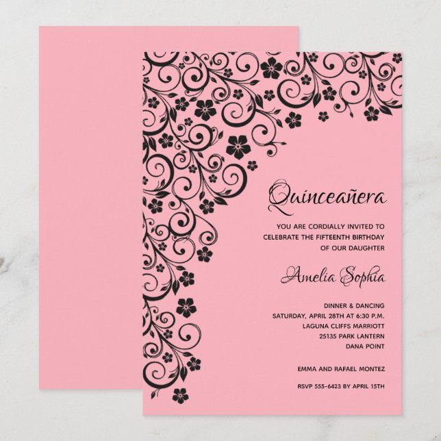 Elegant Quinceañera Black and Pink Einladung (Vorne/Hinten)