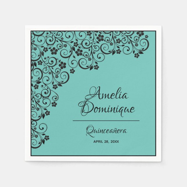 Elegant Quinceañera Black Lace auf Türkis Serviette (Vorderseite)
