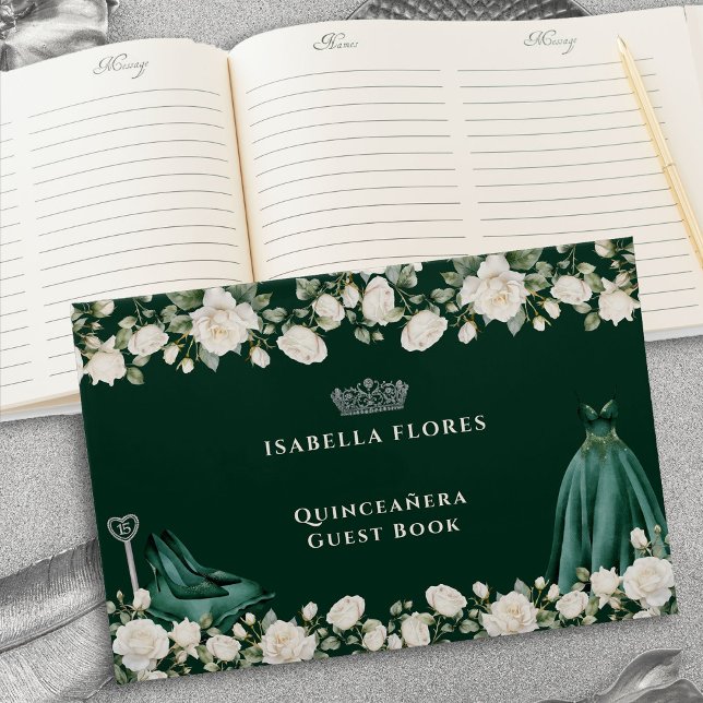 Elegant Quinceanera Blumendruckerin Kleid Green Gästebuch (Quinceanera Guest Book from the Princess Dress and Roses Quinceanera Collection by Darling & May)