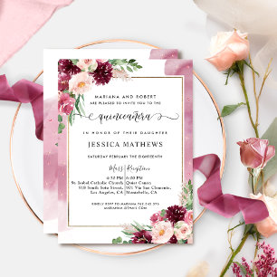 Elegant Quinceañera Burgundy Blush Pink Floral Einladung