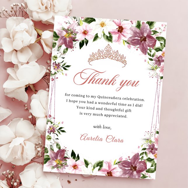 Elegant Quinceañera Floral Butterflies Dankeskarte (Von Creator hochgeladen)