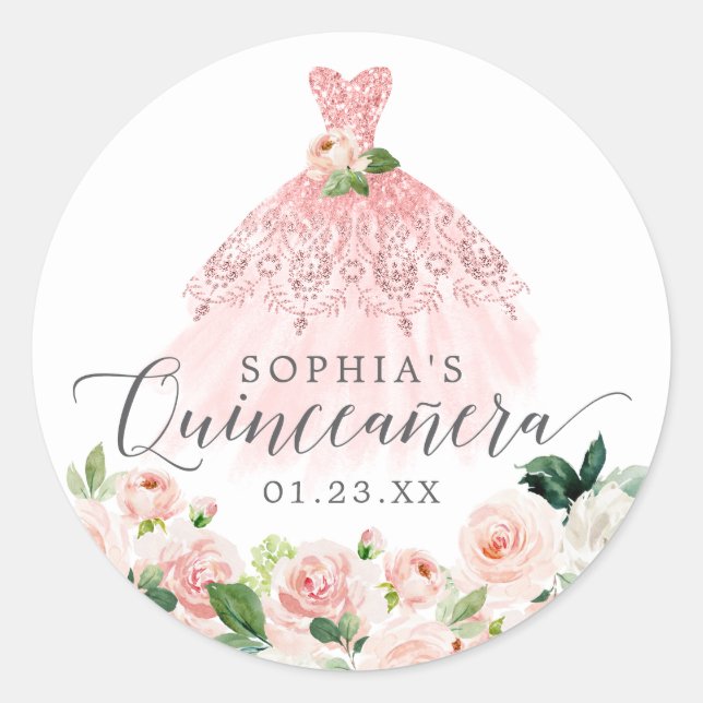 Elegant Quinceanera Floral Dress Runder Aufkleber (Vorderseite)