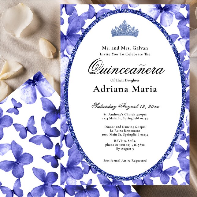 Elegant Quinceanera Invitation Blue Butterflies Einladung (Von Creator hochgeladen)
