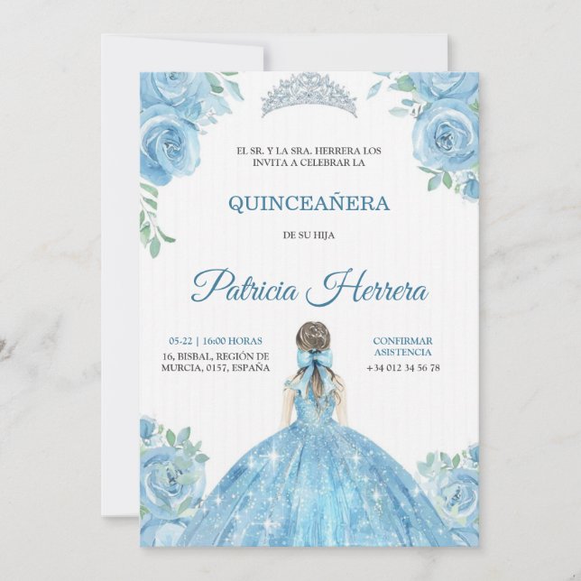 Elegant quinceanera Invitation blue floral theme Einladung (Vorderseite)