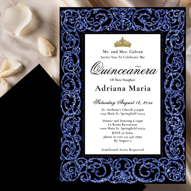 Elegant Quinceanera Invitation Blue Scrollwork (Créateur téléchargé)