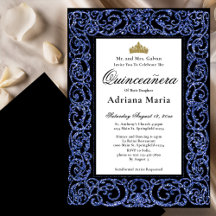 Elegant Quinceanera Invitation Blue Scrollwork
