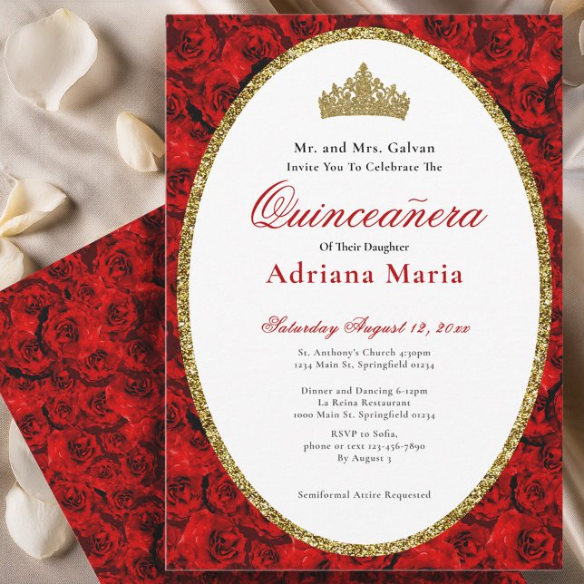 Elegant Quinceanera Invitation Gold Red Floral  Einladung (Von Creator hochgeladen)