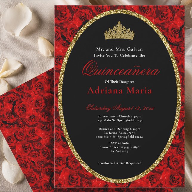 Elegant Quinceanera Invitation Gold Red Floral  Einladung (Von Creator hochgeladen)