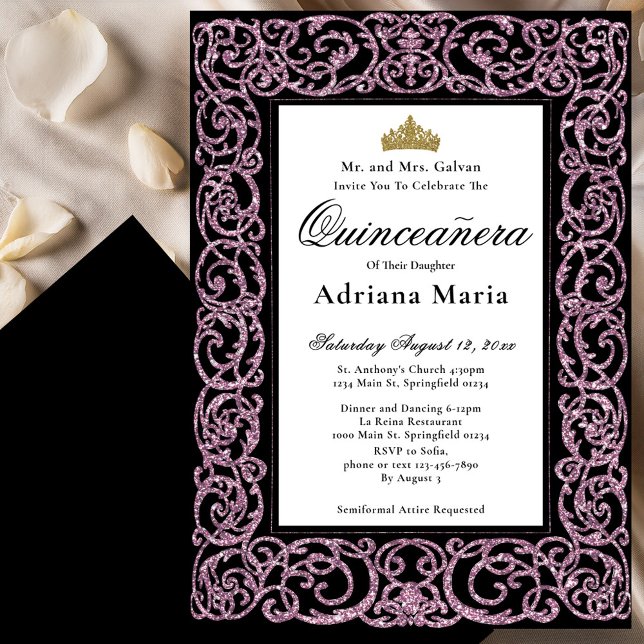 Elegant Quinceanera Invitation Pink Scrollwork (Créateur téléchargé)