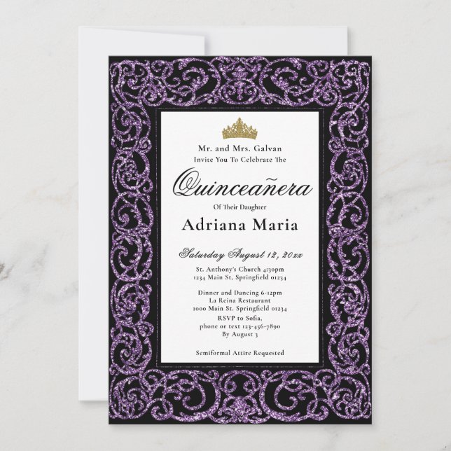 Elegant Quinceanera Invitation Purple Scrollwork (Devant)