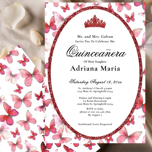 Elegant Quinceanera Invitation Red Butterflies (Créateur téléchargé)