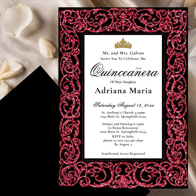 Elegant Quinceanera Invitation Red Scrollwork (Créateur téléchargé)