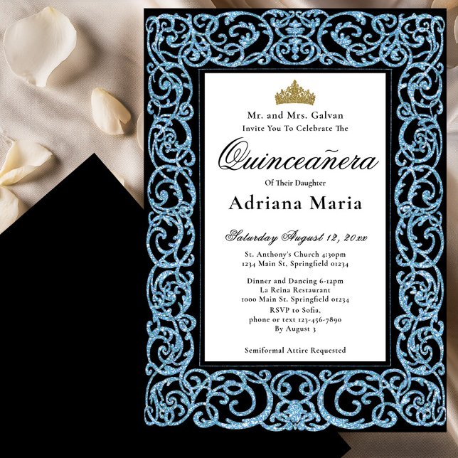 Elegant Quinceanera Invitation Sky Blue Scrollwork (Créateur téléchargé)
