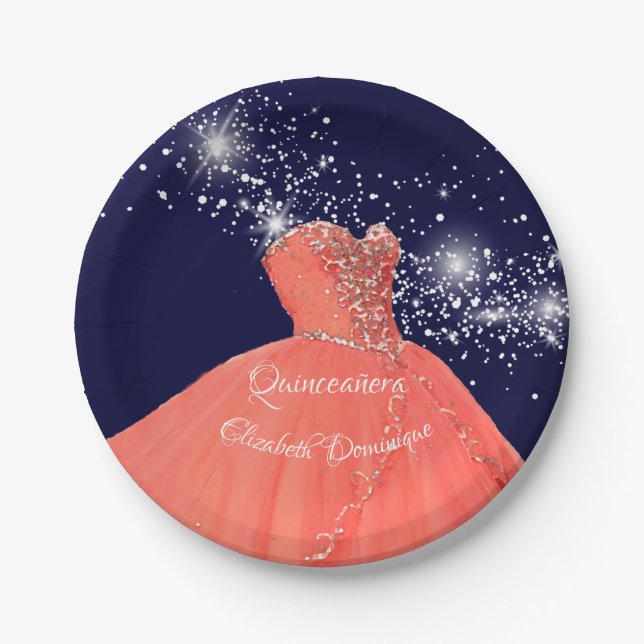 Elegant Quinceañera Korallenwaschplatte Pappteller (Vorderseite)