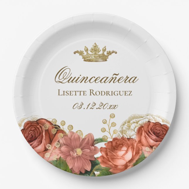 Elegant Quinceanera Tiara Floral Pappteller (Vorderseite)
