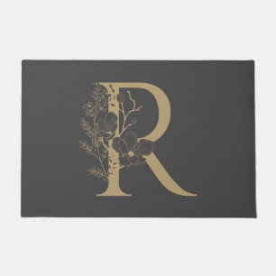 Elegant R Boho Floral Monogram Initial Gray Gold Fußmatte