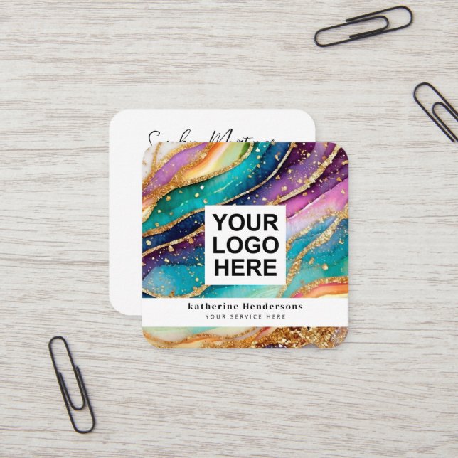 Elegant Rainbow Agate gold Glitter & QR Code Logo Quadratische Visitenkarte (Vorderseite/Rückseite Beispiel)