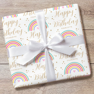 Elegant Rainbow Heart Happy Birthday Name Geschenkpapier