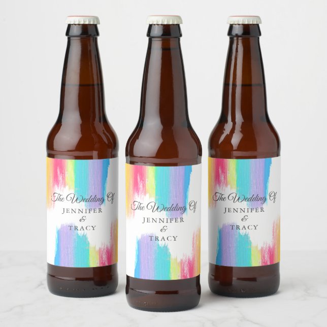 Elegant Rainbow LGBTQ Wedding Personalisiert Bierflaschenetikett (Flaschen)