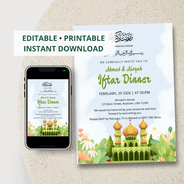 Elegant Ramadan Iftar Invitation with Green Mosque (Créateur téléchargé)