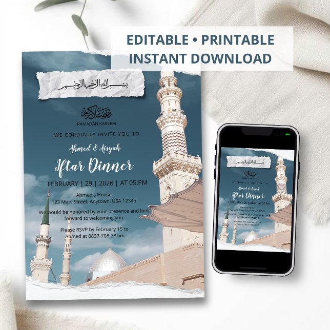 Elegant Ramadan Iftar Invitation with White Mosque Einladung (Von Creator hochgeladen)