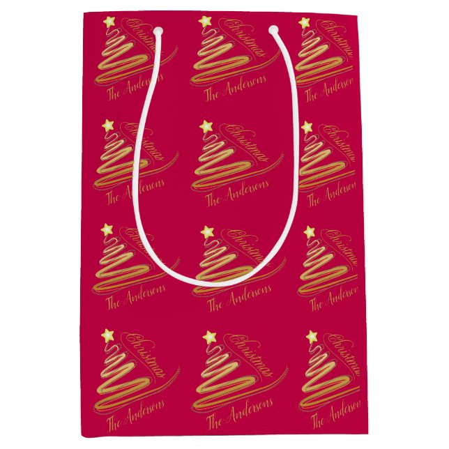 Elegant Raspberry Red Gold Foil Christmas Tree Mittlere Geschenktüte (Vorderseite)