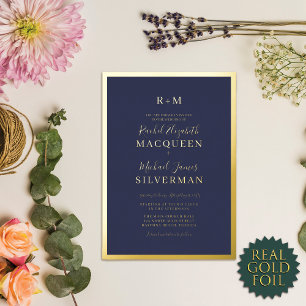 Elegant Real Gold dick Border Navy Blue Wedding Folieneinladung