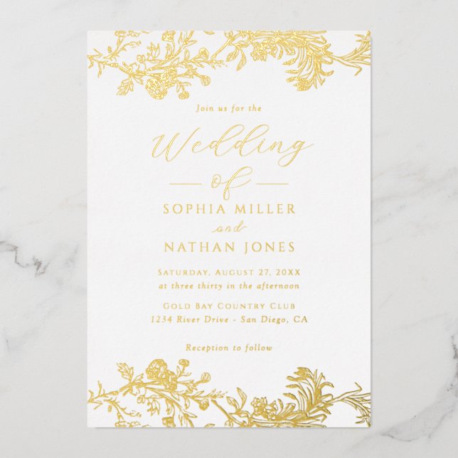 Elegant Real Gold Foil Bloral Schnappschuss Hochze Folieneinladung (Vorderseite)