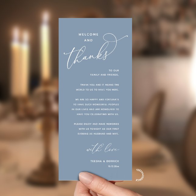 Elegant Reception "Welcome and Thanks" Guest Card Programm (Modern Elegant Wedding Reception "Welcome and Thanks" Table Card for Guest in Dusty Blue)