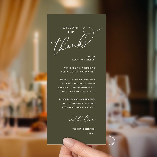 Elegant Reception "Welcome and Thanks" Guest Card Programm (Modern Elegant Wedding Reception "Welcome and Thanks" Table Card for Guest in Olive Green)