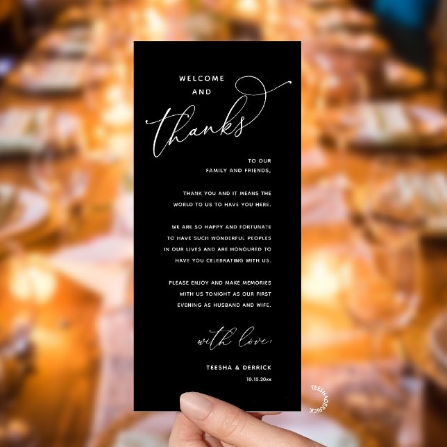Elegant Reception "Welcome and Thanks" Guest Card Programm (Modern Elegant Wedding Reception "Welcome and Thanks" Table Card for Guest in Black White)