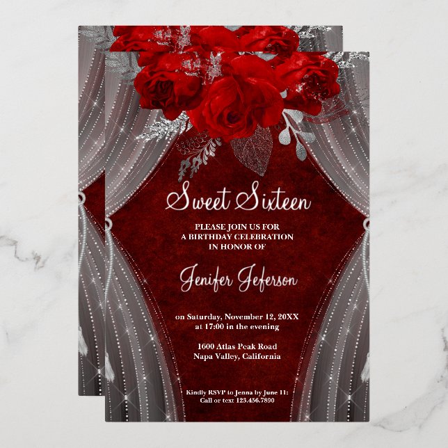 Elegant red 16 . Geburtstag Einladung (Vorderseite/Rückseite)
