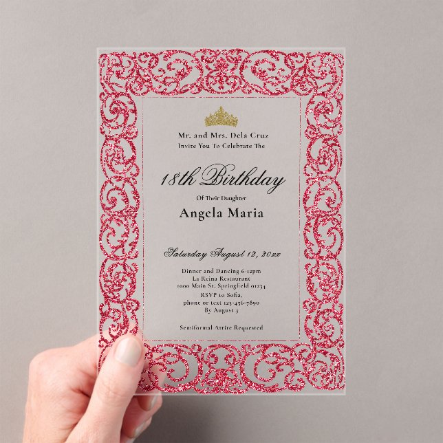 Elegant Red 18th Birthday Debut Acryleinladungen (Insitu (Handheld))