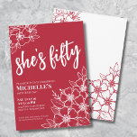 Elegant Red 50. Geburtstagsparty Einladung<br><div class="desc">Trendy 50 Hot Red 50. Geburtstag Party Einladung. Eine lustige, aber elegante 50. Geburtstagsfeier mit geistreichen Blume in Rot und Weiß für die Junggebliebenen. Ein spielerisches Blume-Muster umrahmt eine Schriftzeichen-Typografie "sie ist fünfzig", vermischt mit einem klassischeren Serif-Schriftart. Feiern Sie fünfzig Jahre Leben mit diesem wunderschönen botanischen Design. Der Spaß daran...</div>