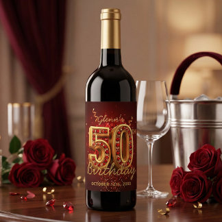 Elegant Red and Gold 50th Milestone Birthday Weinetikett