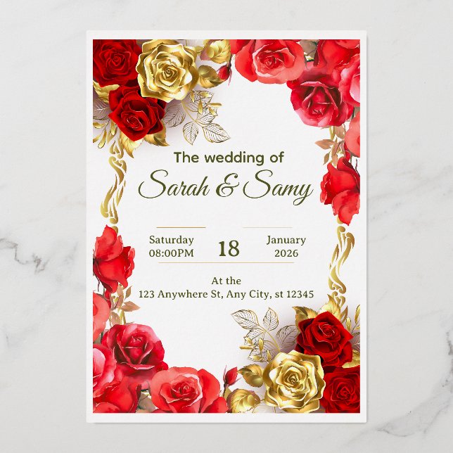 Elegant Red and Gold Floral Wedding Invitation Car Folieneinladung (Vorderseite)