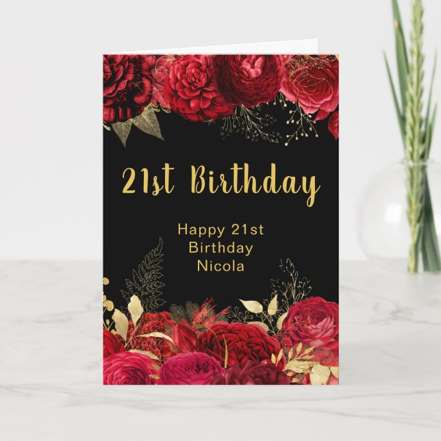 Elegant Red and Gold Flowers Birthday Karte (Vorderseite)