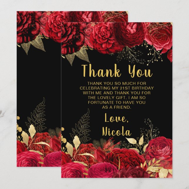Elegant Red and Gold Flowers Birthday Party Dankeskarte (Vorne/Hinten)