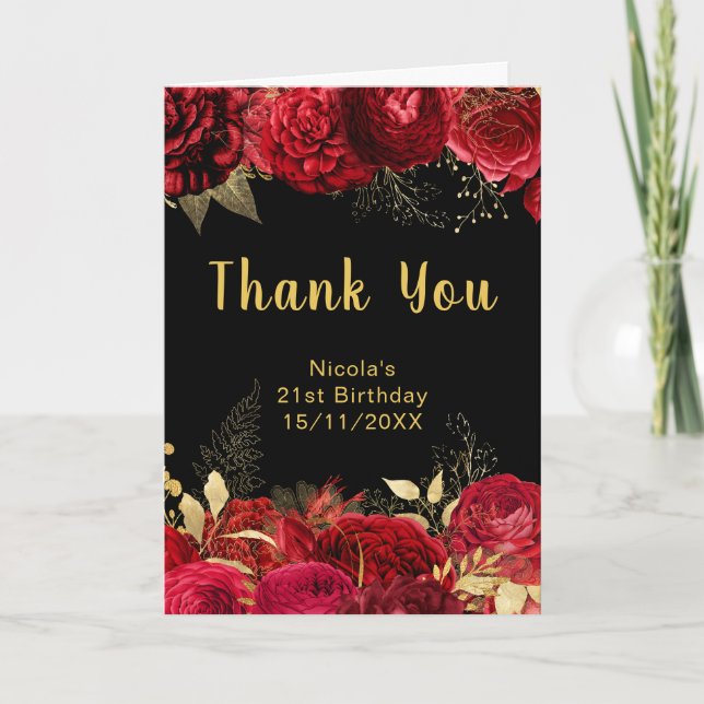 Elegant Red and Gold Flowers Birthday Party Dankeskarte (Vorderseite)