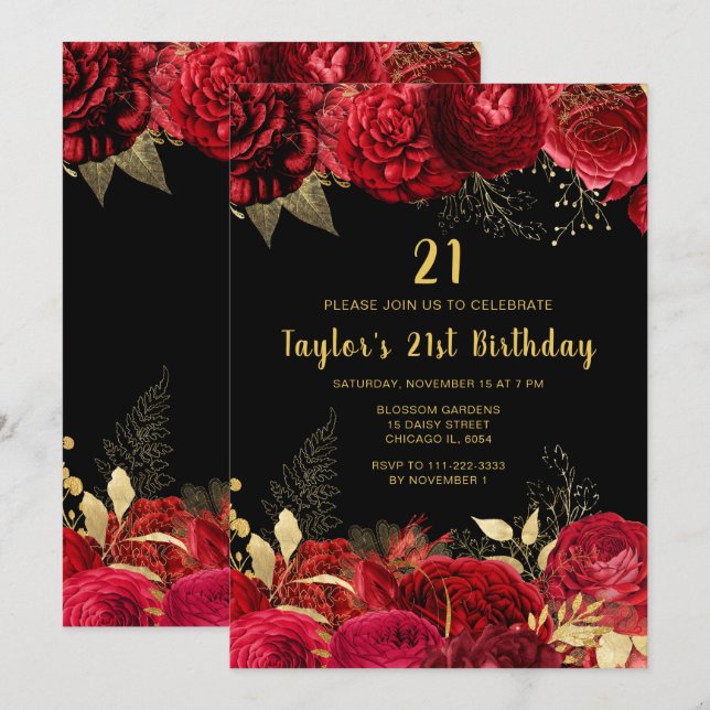 Elegant Red and Gold Flowers Birthday Party Einladung (Vorne/Hinten)