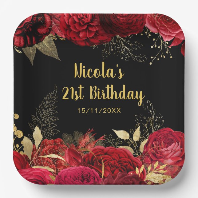 Elegant Red and Gold Flowers Birthday Party Pappteller (Vorderseite)