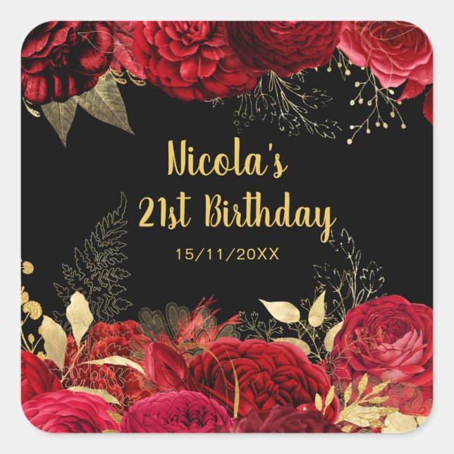 Elegant Red and Gold Flowers Birthday Party Quadratischer Aufkleber (Vorderseite)