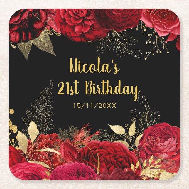 Elegant Red and Gold Flowers Birthday Party  Rechteckiger Pappuntersetzer (Vorderseite)